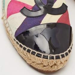 Chanel Multicolor Fabric and Patent Leather Cap Toe Espadrille Flats Size 39