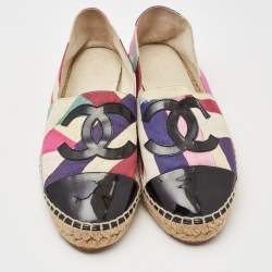 Chanel Multicolor Fabric and Patent Leather Cap Toe Espadrille Flats Size 39