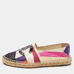 Chanel Multicolor Fabric and Patent Leather Cap Toe Espadrille Flats Size 39