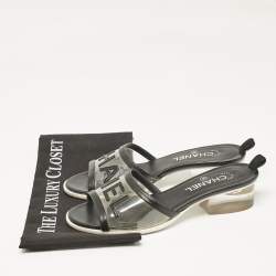 Pre Owned Chanel Black Leather and PVC Logo Block Heel Slide Sandals Size 39