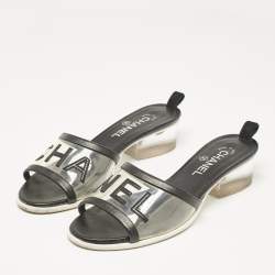 Pre Owned Chanel Black Leather and PVC Logo Block Heel Slide Sandals Size 39