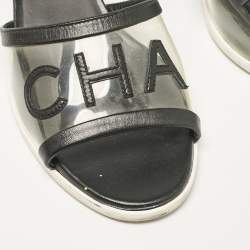 Pre Owned Chanel Black Leather and PVC Logo Block Heel Slide Sandals Size 39