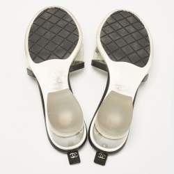 Pre Owned Chanel Black Leather and PVC Logo Block Heel Slide Sandals Size 39