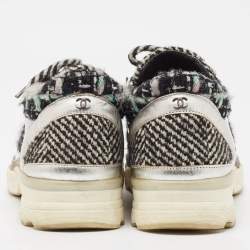 Pre Owned Chanel Silver/Black PVC and Tweed Low Top Sneakers Size 38