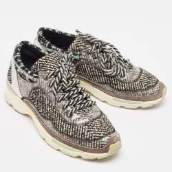 Pre Owned Chanel Silver/Black PVC and Tweed Low Top Sneakers Size 38
