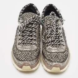 Pre Owned Chanel Silver/Black PVC and Tweed Low Top Sneakers Size 38