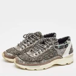 Pre Owned Chanel Silver/Black PVC and Tweed Low Top Sneakers Size 38