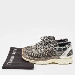 Pre Owned Chanel Silver/Black PVC and Tweed Low Top Sneakers Size 38