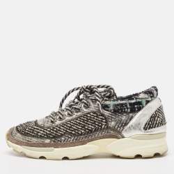 Pre Owned Chanel Silver/Black PVC and Tweed Low Top Sneakers Size 38