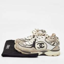 Chanel White/Grey Leather and Suede Graffiti CC Trainers Sneakers Size 39.5