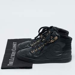 Pre Owned Chanel Black Leather CC Double Zip Accent High Top Sneakers Size 37