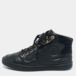 Pre Owned Chanel Black Leather CC Double Zip Accent High Top Sneakers Size 37