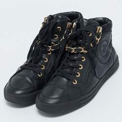 Pre Owned Chanel Black Leather CC Double Zip Accent High Top Sneakers Size 37