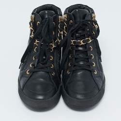 Pre Owned Chanel Black Leather CC Double Zip Accent High Top Sneakers Size 37