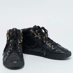 Pre Owned Chanel Black Leather CC Double Zip Accent High Top Sneakers Size 37