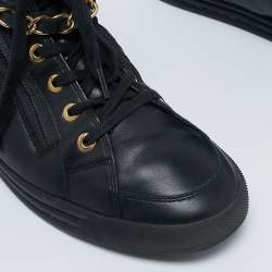 Pre Owned Chanel Black Leather CC Double Zip Accent High Top Sneakers Size 37