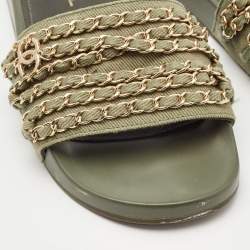 Pre Owned Chanel Green Denim Chain Embellished Tropiconic Flat Slides Size 40