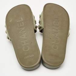 Pre Owned Chanel Green Denim Chain Embellished Tropiconic Flat Slides Size 40