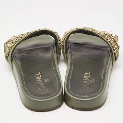 Pre Owned Chanel Green Denim Chain Embellished Tropiconic Flat Slides Size 40
