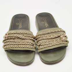 Pre Owned Chanel Green Denim Chain Embellished Tropiconic Flat Slides Size 40