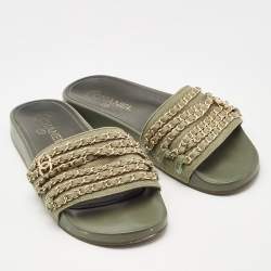 Pre Owned Chanel Green Denim Chain Embellished Tropiconic Flat Slides Size 40