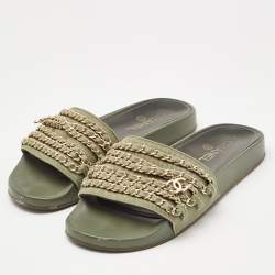 Pre Owned Chanel Green Denim Chain Embellished Tropiconic Flat Slides Size 40