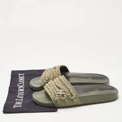 Pre Owned Chanel Green Denim Chain Embellished Tropiconic Flat Slides Size 40