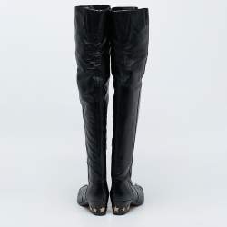 Chanel Black Leather Paris Dallas Metal Cap Toe Over The Knee Boots Size 40