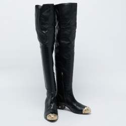 Chanel Black Leather Paris Dallas Metal Cap Toe Over The Knee Boots Size 40