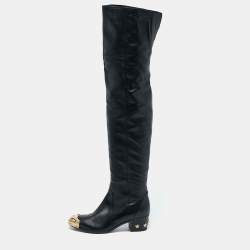 Chanel Black Leather Paris Dallas Metal Cap Toe Over The Knee Boots Size 40