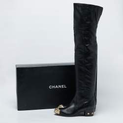 Chanel Black Leather Paris Dallas Metal Cap Toe Over The Knee Boots Size 40