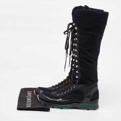 Pre Owned Chanel Black Tweed and Leather Knee High Top Sneaker Boots Size 40