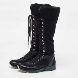 Pre Owned Chanel Black Tweed and Leather Knee High Top Sneaker Boots Size 40