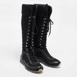 Pre Owned Chanel Black Tweed and Leather Knee High Top Sneaker Boots Size 40