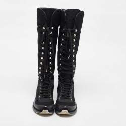 Pre Owned Chanel Black Tweed and Leather Knee High Top Sneaker Boots Size 40