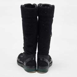 Pre Owned Chanel Black Tweed and Leather Knee High Top Sneaker Boots Size 40