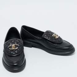 Chanel Black Quilted Leather CC Turnlock Slip On Loafers Size 38.5