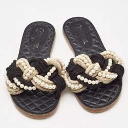 Chanel Multicolor Rope and Faux Pearls Cuba Slide Flat Sandals Size 40