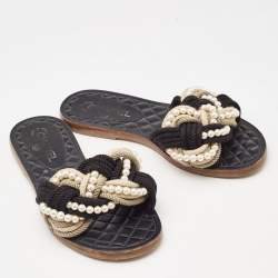 Chanel Multicolor Rope and Faux Pearls Cuba Slide Flat Sandals Size 40