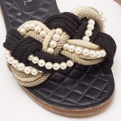 Chanel Multicolor Rope and Faux Pearls Cuba Slide Flat Sandals Size 40