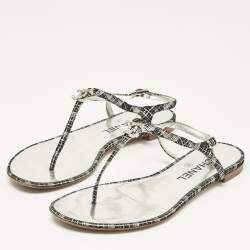 Chanel Black/Silver Textured Suede Embellished CC Thong Flat Sandals Size 37