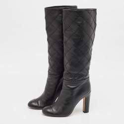 Pre Owned Chanel Black Leather CC Cap Toe  Mid Calf Boots Size 36.5