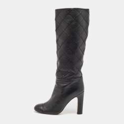 Pre Owned Chanel Black Leather CC Cap Toe  Mid Calf Boots Size 36.5
