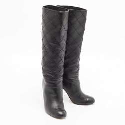 Pre Owned Chanel Black Leather CC Cap Toe  Mid Calf Boots Size 36.5