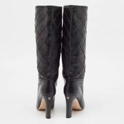 Pre Owned Chanel Black Leather CC Cap Toe  Mid Calf Boots Size 36.5