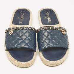 Pre Owned Chanel Navy Blue Quilted Leather CC Chain Link Espadrille Slides Size 37