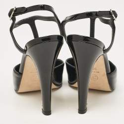 Pre Owned Chanel Black Patent Leather CC Faux Pearl Heel T-Strap Pumps Size 36.5