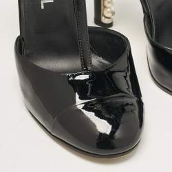 Pre Owned Chanel Black Patent Leather CC Faux Pearl Heel T-Strap Pumps Size 36.5