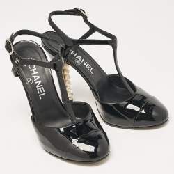 Pre Owned Chanel Black Patent Leather CC Faux Pearl Heel T-Strap Pumps Size 36.5