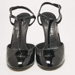 Pre Owned Chanel Black Patent Leather CC Faux Pearl Heel T-Strap Pumps Size 36.5